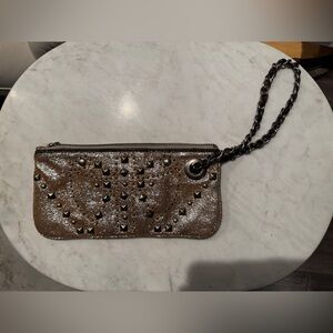 Vintage Betsey Johnson Distressed Metallic Leather Studded Wristlet Clutch Bag